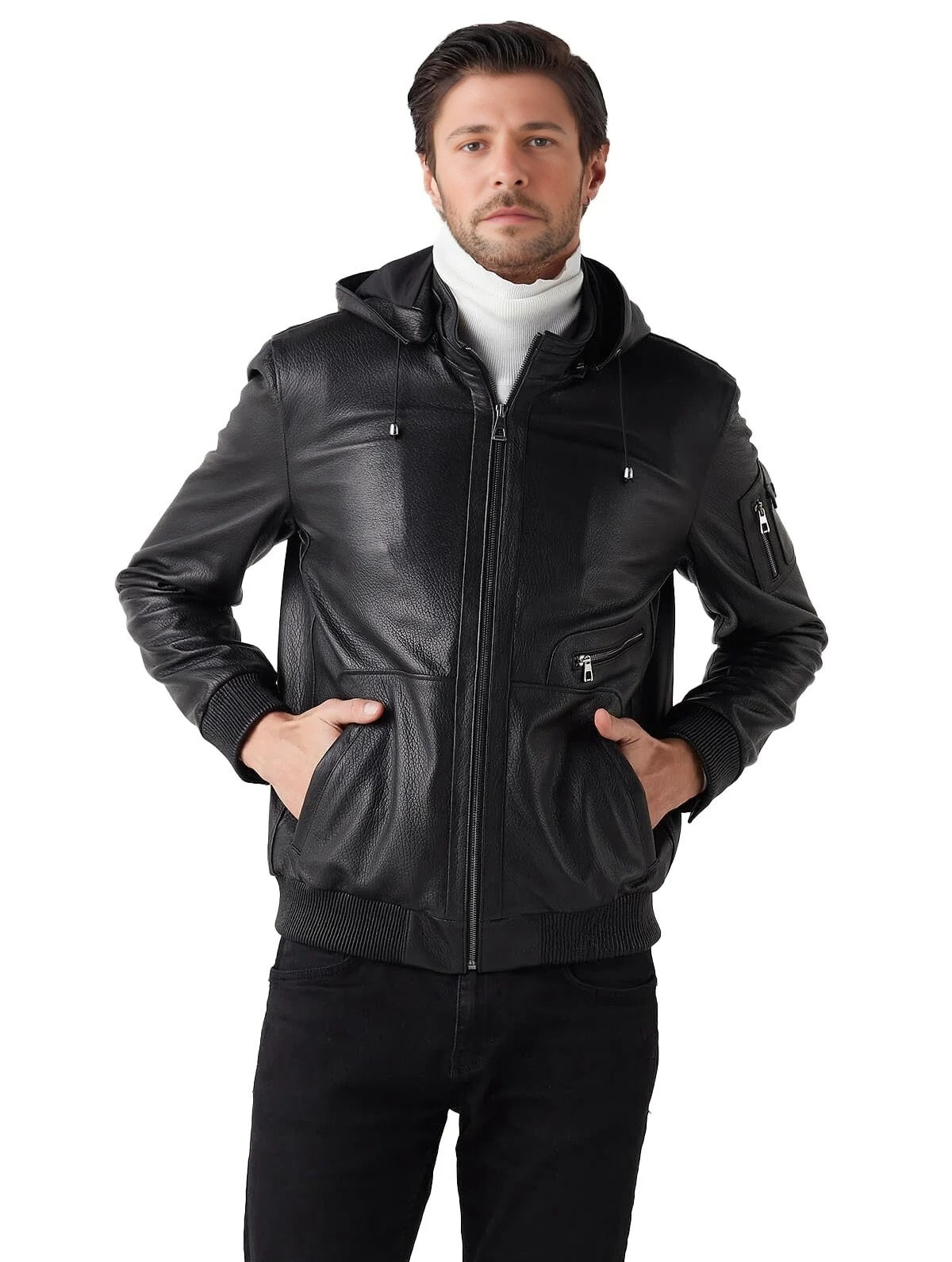 Max Black Bomber Leather Jacket With Hood