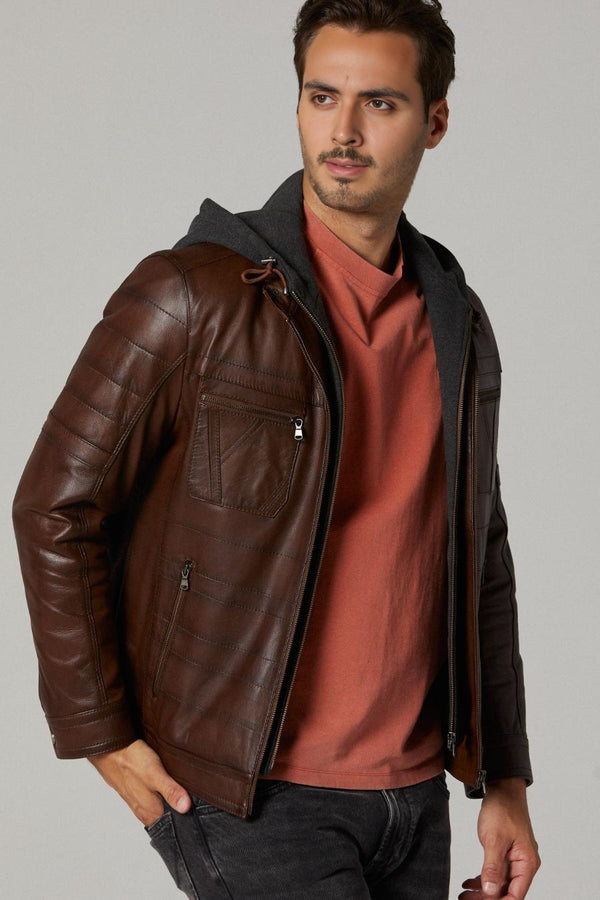 Winter Brown Leather hoodie Jacket For Men