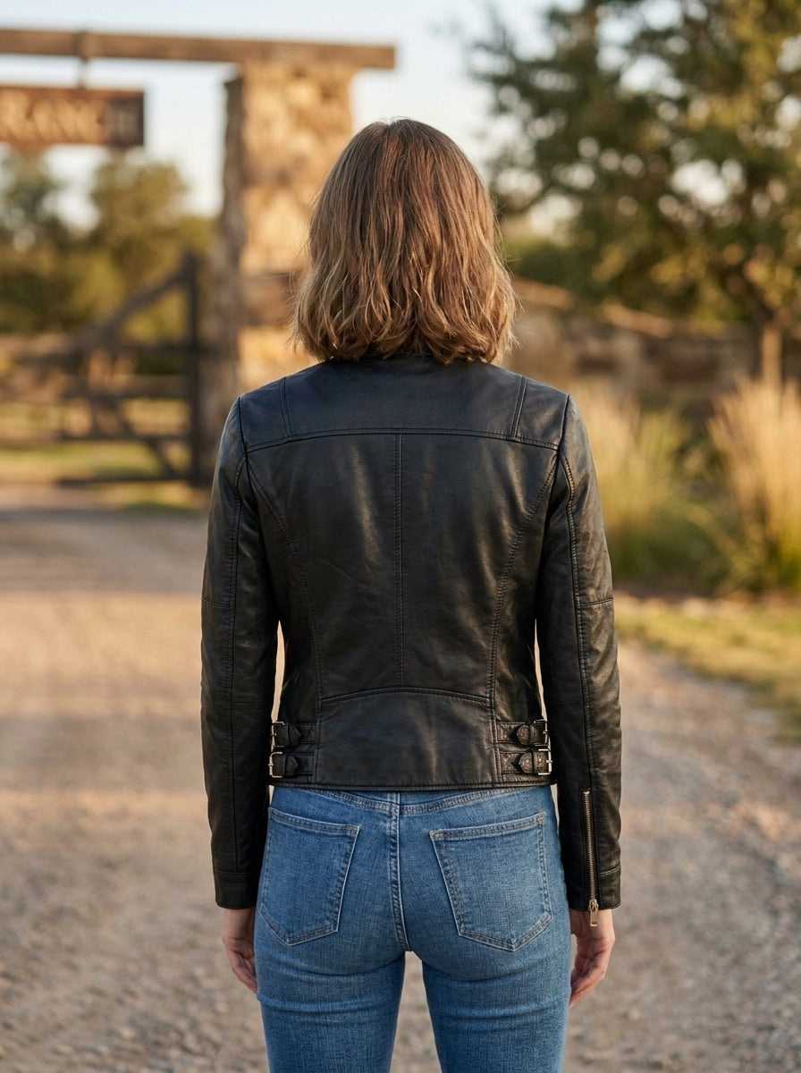 Olivia Black Bike Rider Leather Jacket For Women