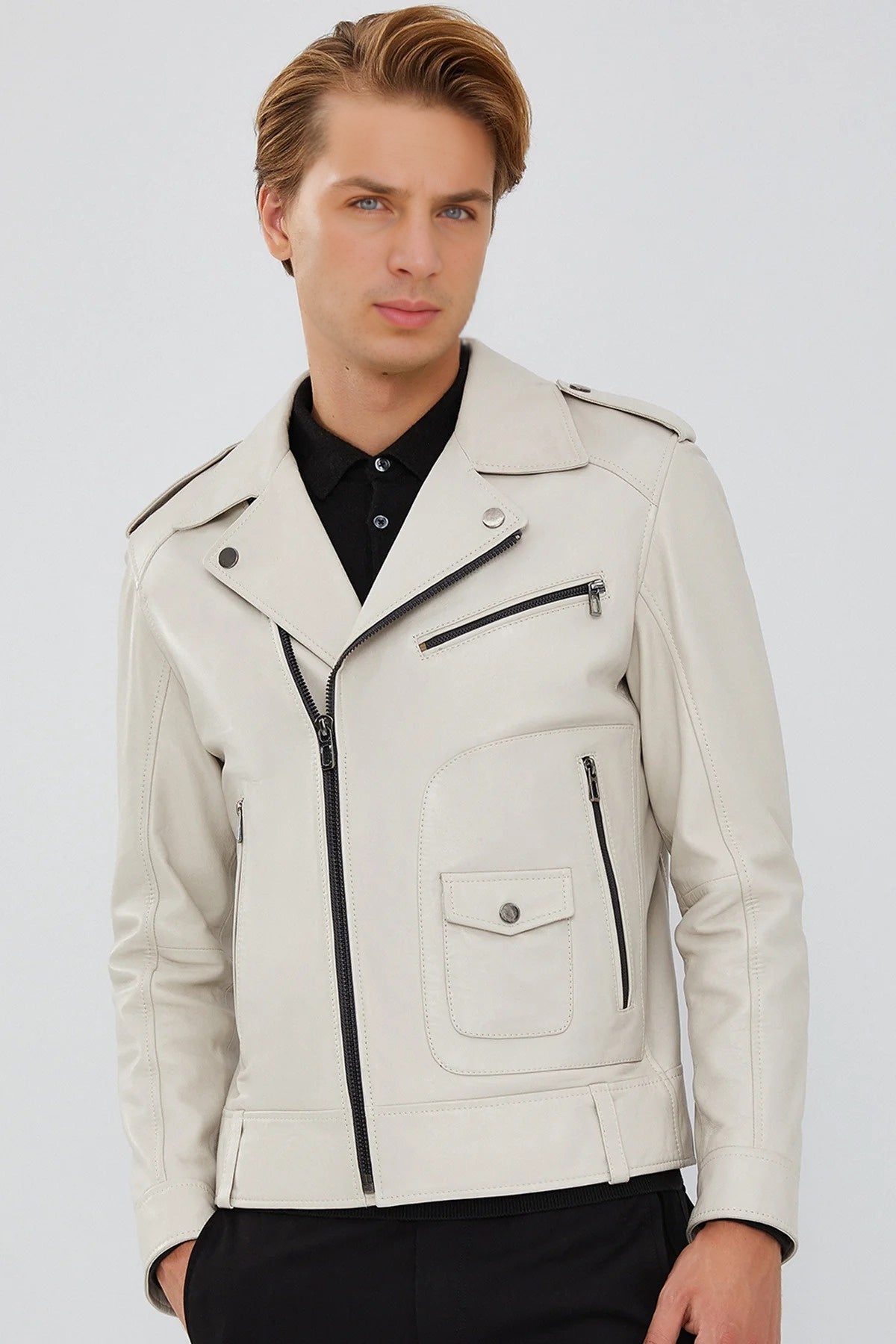 Carter White Beige Biker Leather Jacket For Men