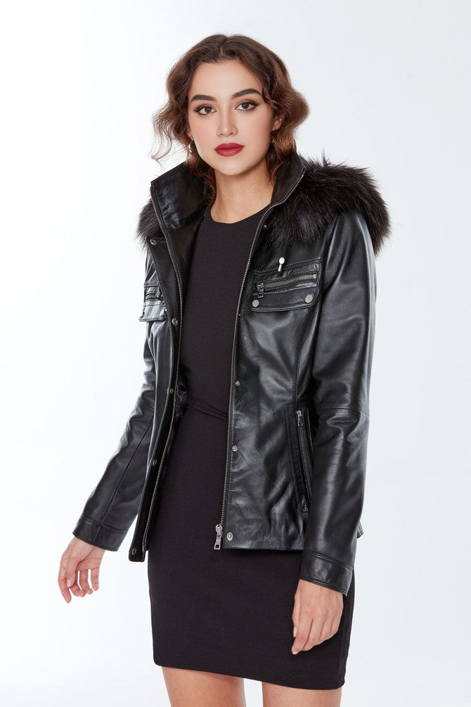 Cristina Classic Black Leather Jacket For Women's