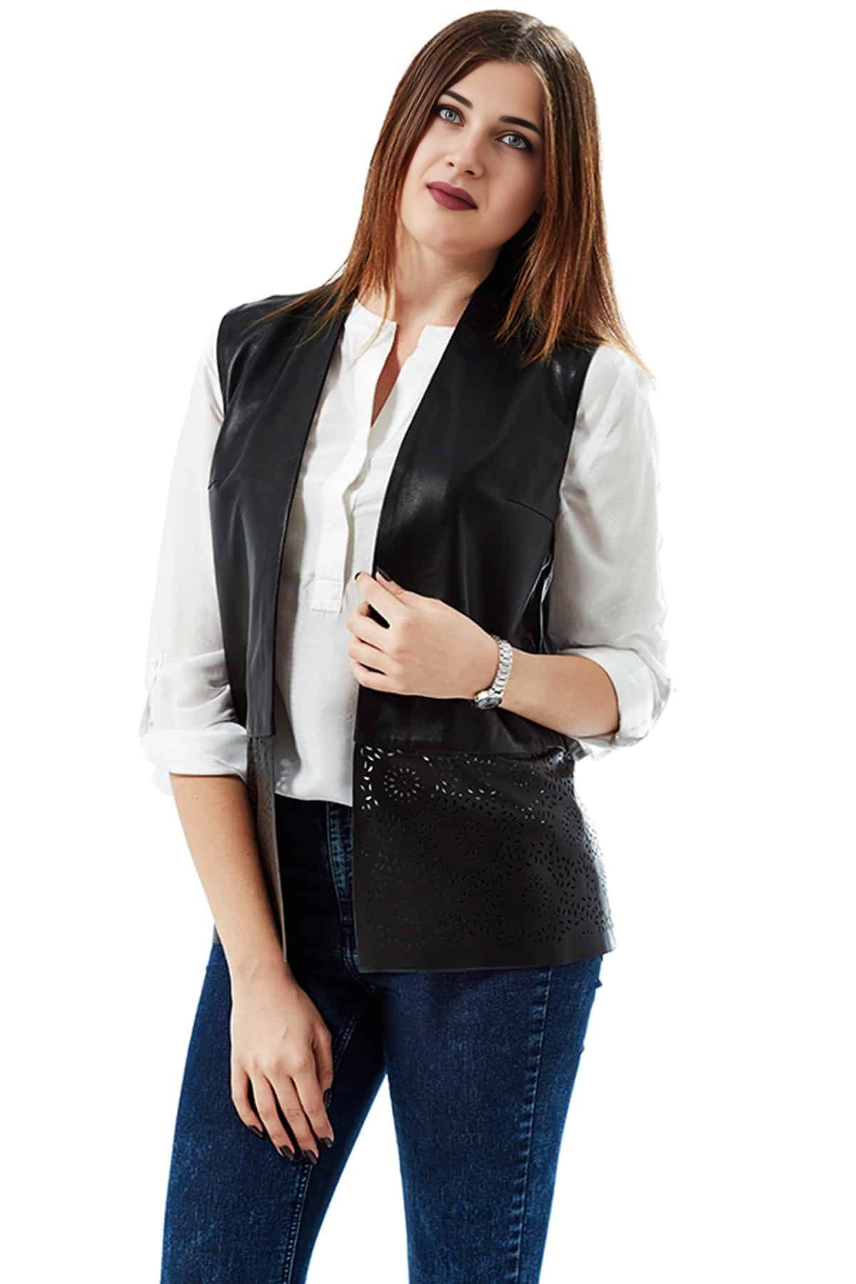 Tawana Vest Black Front Open Leather Jacket For Women