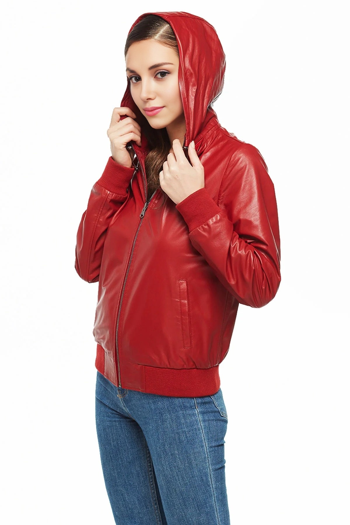 Alison Red Bomber Leather Jacket with Hood For Women