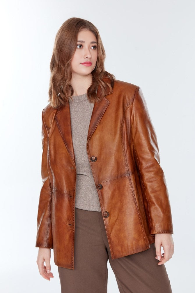 Kartherine Waxed Brown Leather Jacket for Women