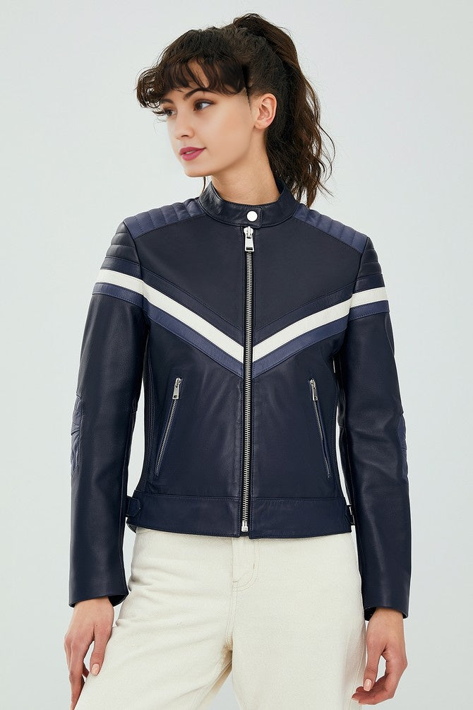 Stylish Black Women Leather Jacket With Beautiful Blue & White Color