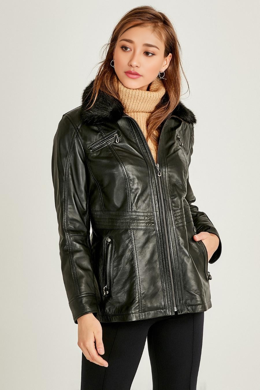 Rachel Black Fur Collar Women Leather Jacket