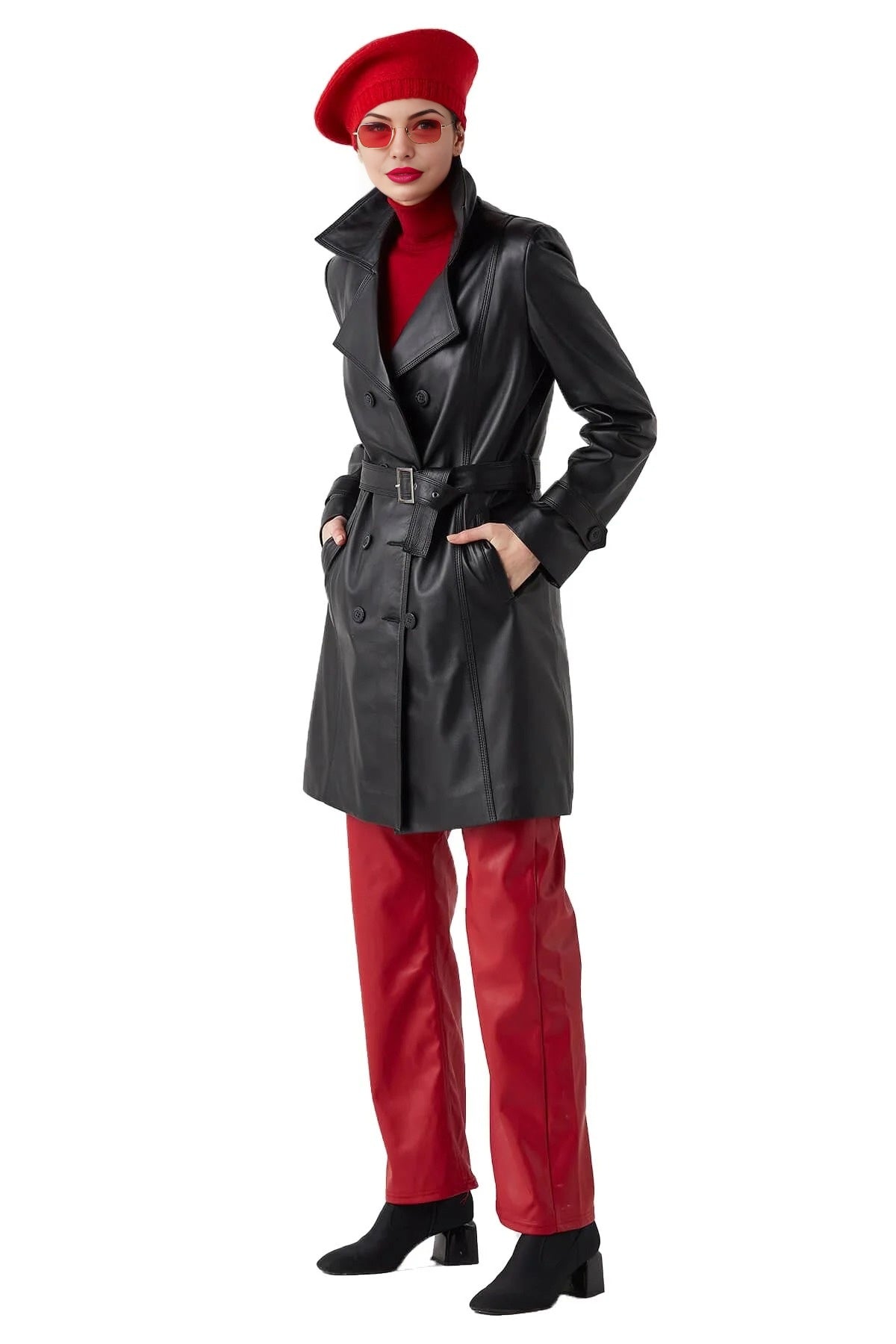 Maeve Black Center Belt Leather Coat For Women