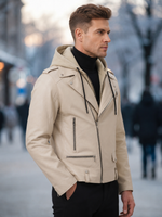 VantaRider Men's Beige Hooded Biker Leather Jacket