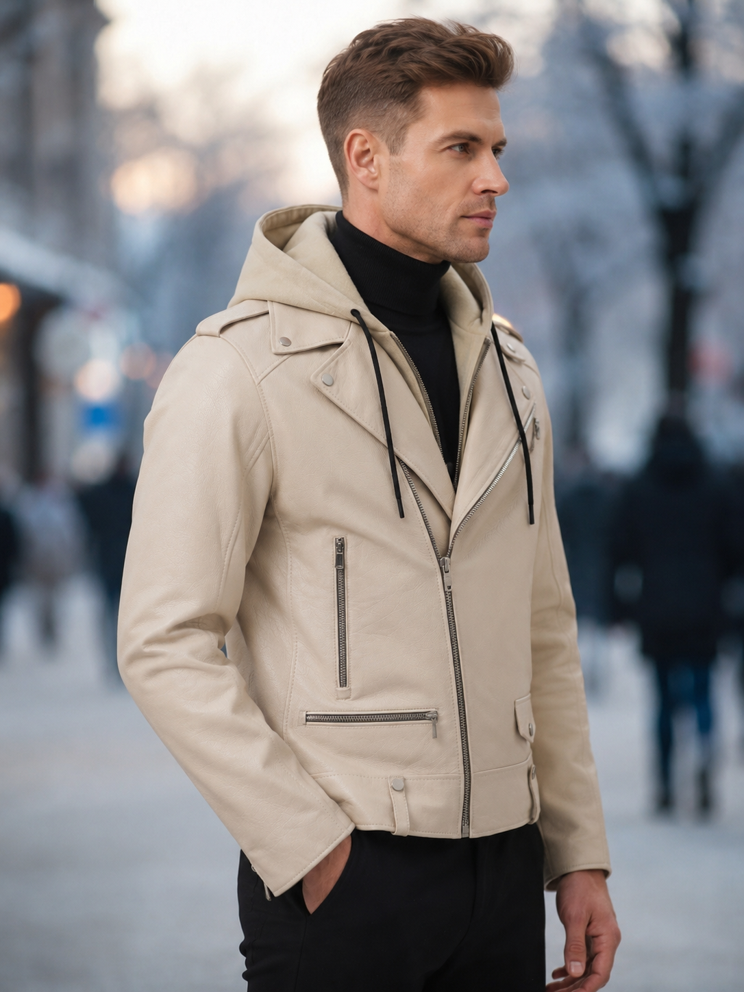 VantaRider Men's Beige Hooded Biker Leather Jacket
