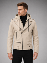 VantaRider Men's Beige Hooded Biker Leather Jacket