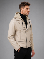 VantaRider Men's Beige Hooded Biker Leather Jacket