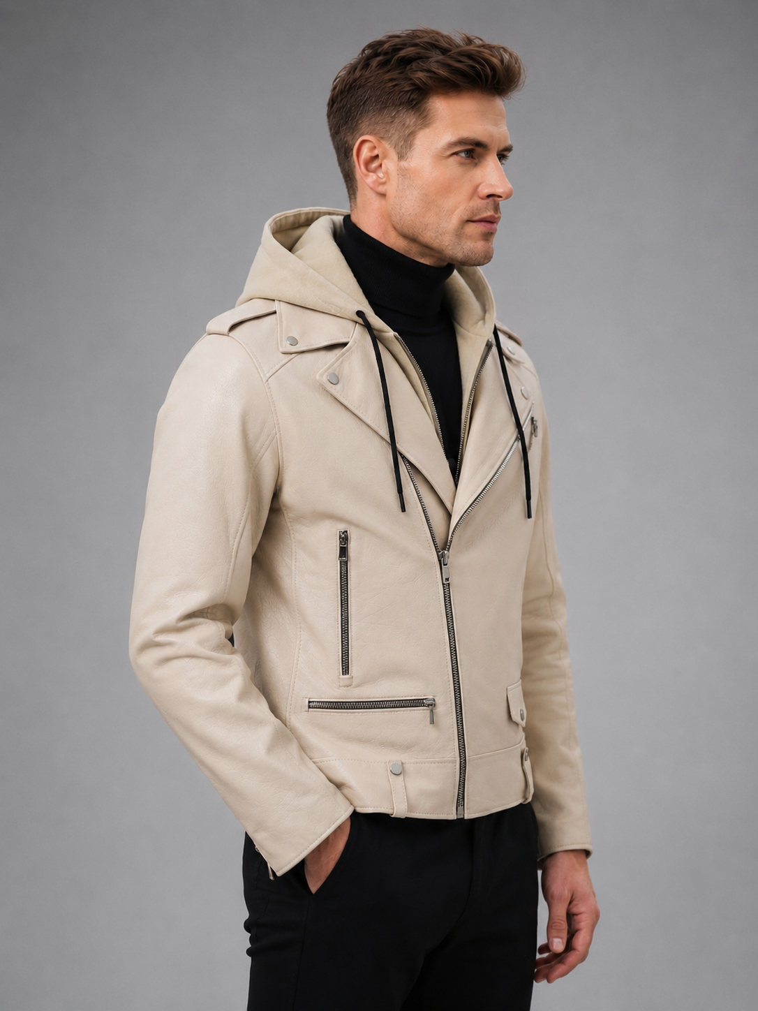 VantaRider Men's Beige Hooded Biker Leather Jacket