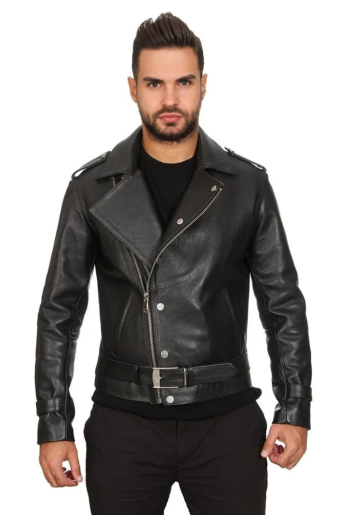 Joseph Black Leather Biker Style Jacket For Men
