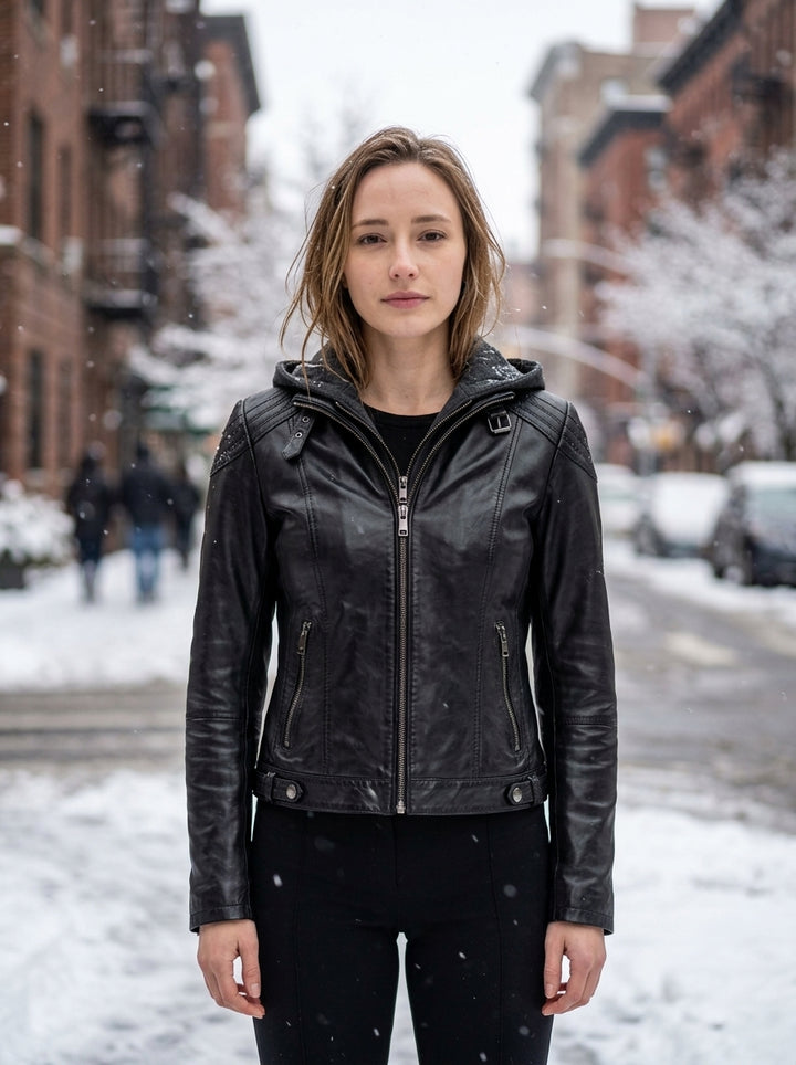 Vegas Black Motor Bike Leather Jacket With Hood For Women
