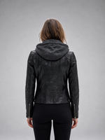 Vegas Black Motor Bike Leather Jacket With Hood For Women