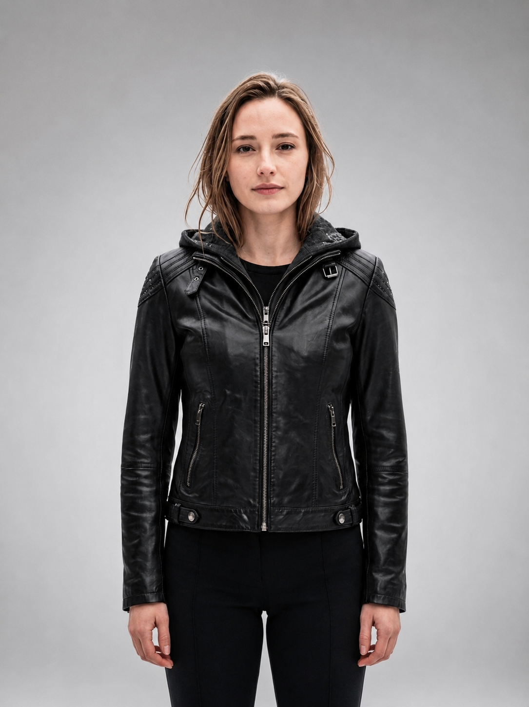 Vegas Black Motor Bike Leather Jacket With Hood For Women