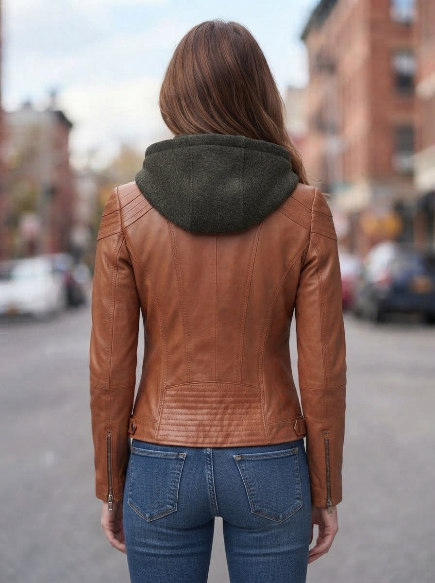 Vegas Stylish Brown Leather Hoodie Jacket For Women