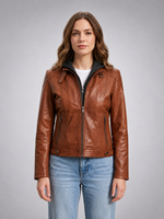 Vegas Stylish Brown Leather Hoodie Jacket For Women