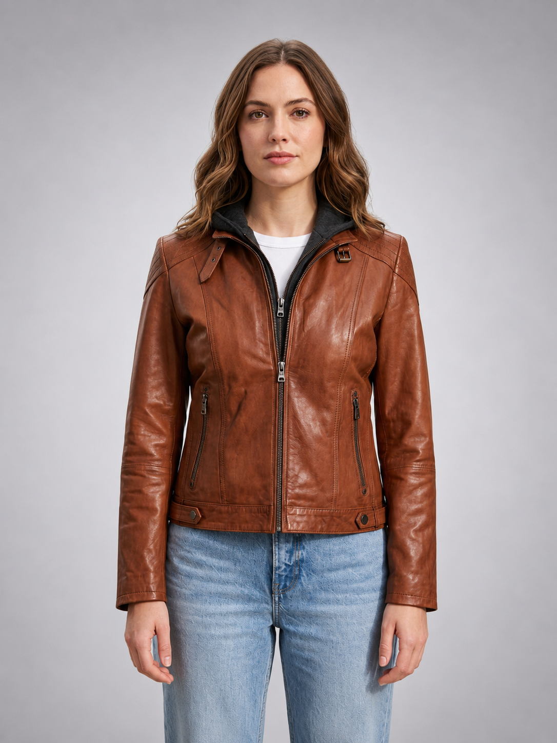 Vegas Stylish Brown Leather Hoodie Jacket For Women
