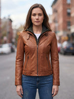 Vegas Stylish Brown Leather Hoodie Jacket For Women