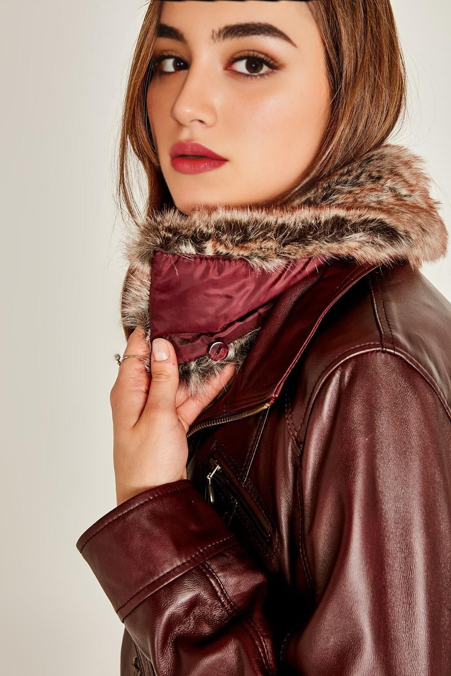 Emma Brown Leather Jacket For Women With Fur Collar