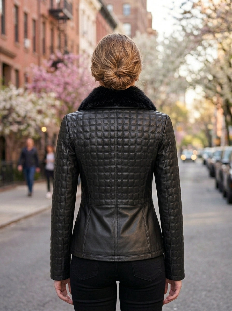 Victoria Black Quilted Leather Jacket For Women