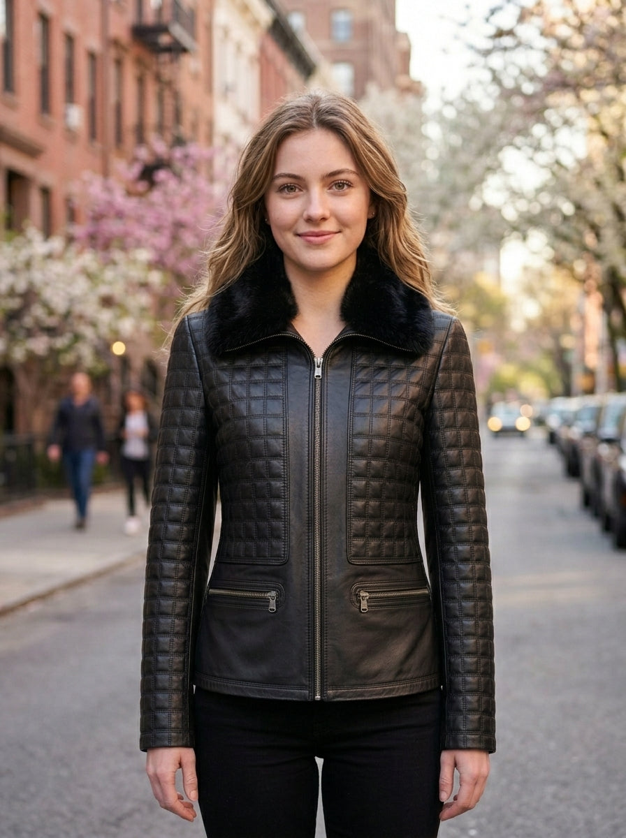 Victoria Black Quilted Leather Jacket For Women