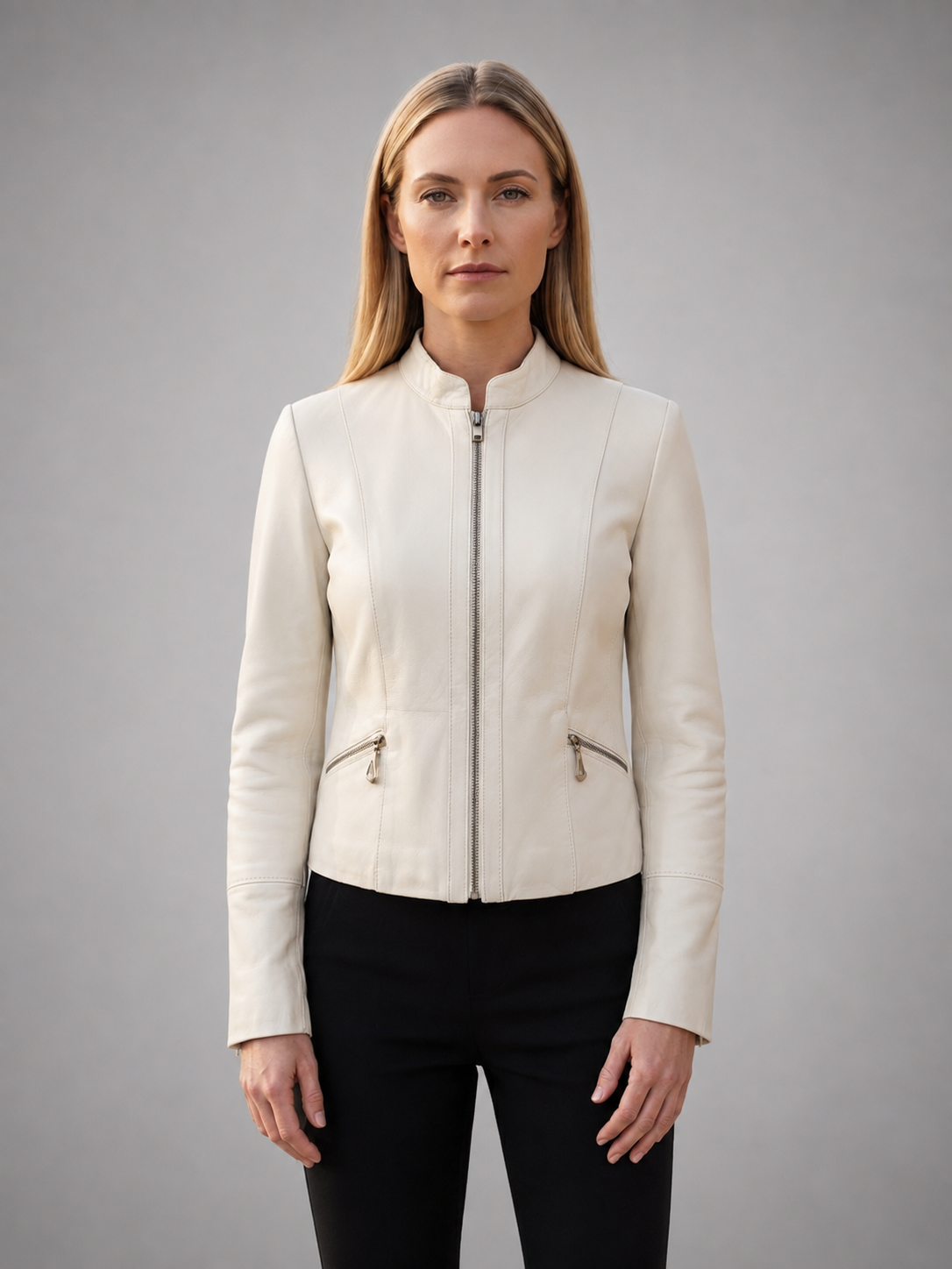 Viola Women Short Beige Leather Jacket