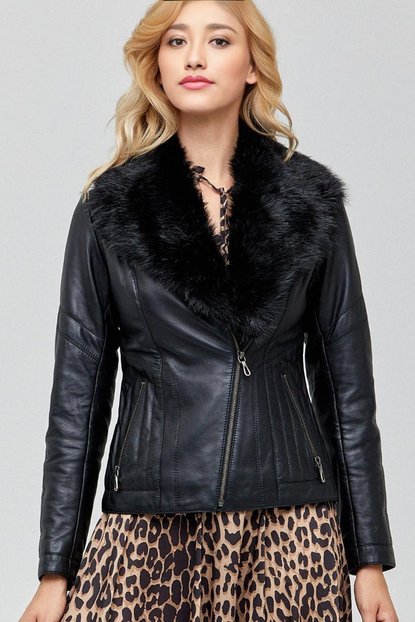 Barbara Fur Collar Black Leather Jacket For Women