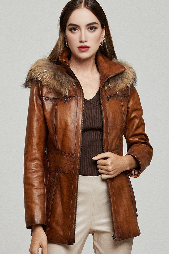 Barbara Waxed Brown Leather Coat for Women