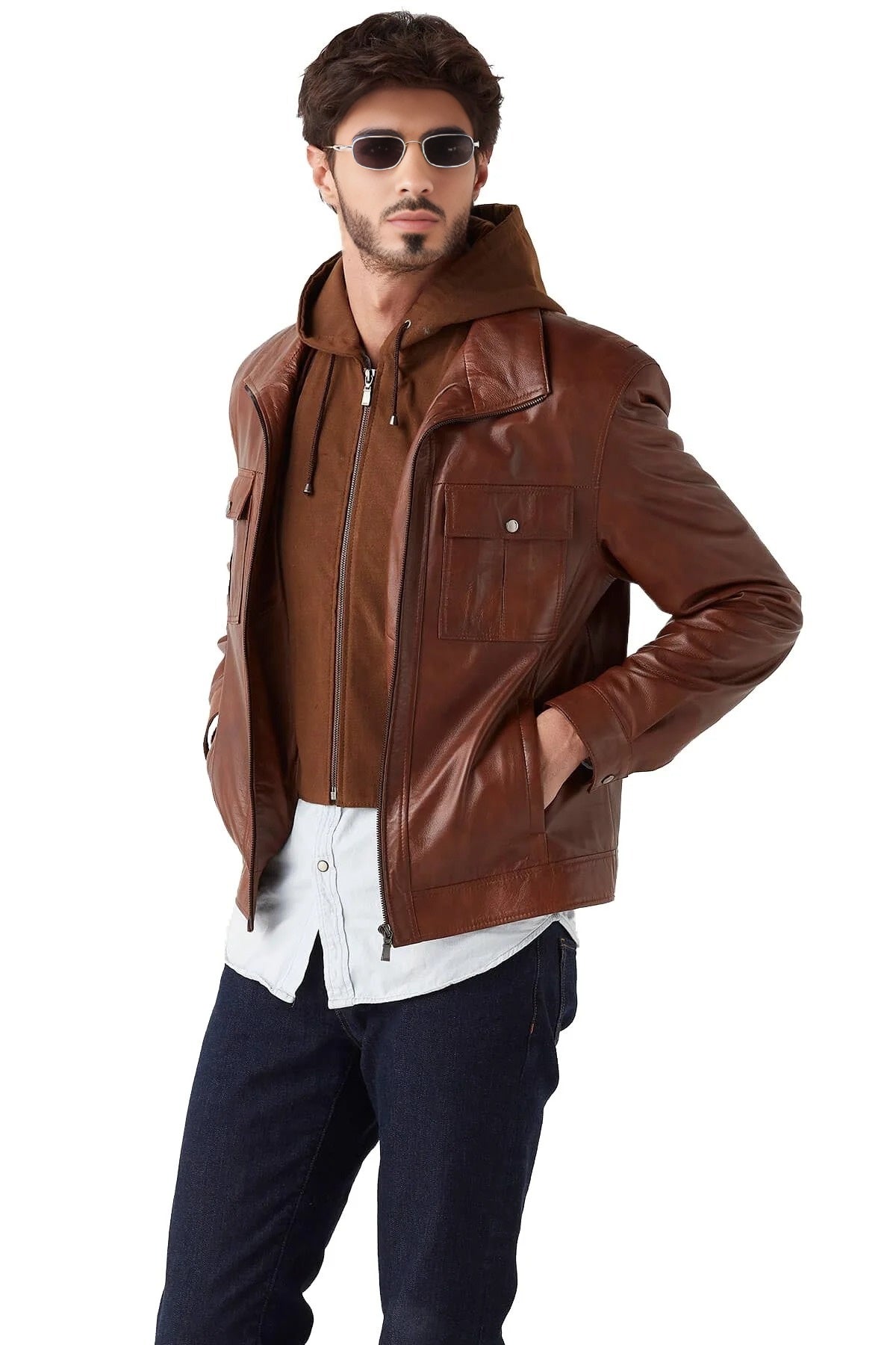 Tyler Brown Shirt Hood leather Jacket For Men