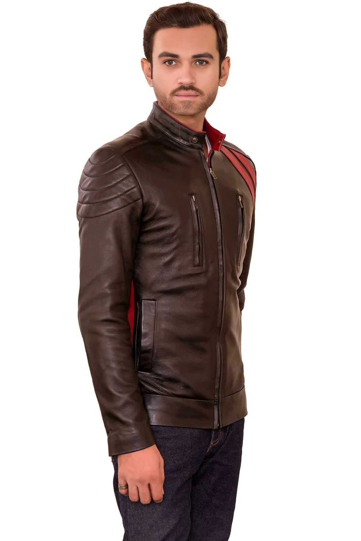 Louis Dark Brown Leather Jacket With Red Stripe For Men