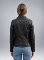 Women's Black Leather Jacket Button Closure
