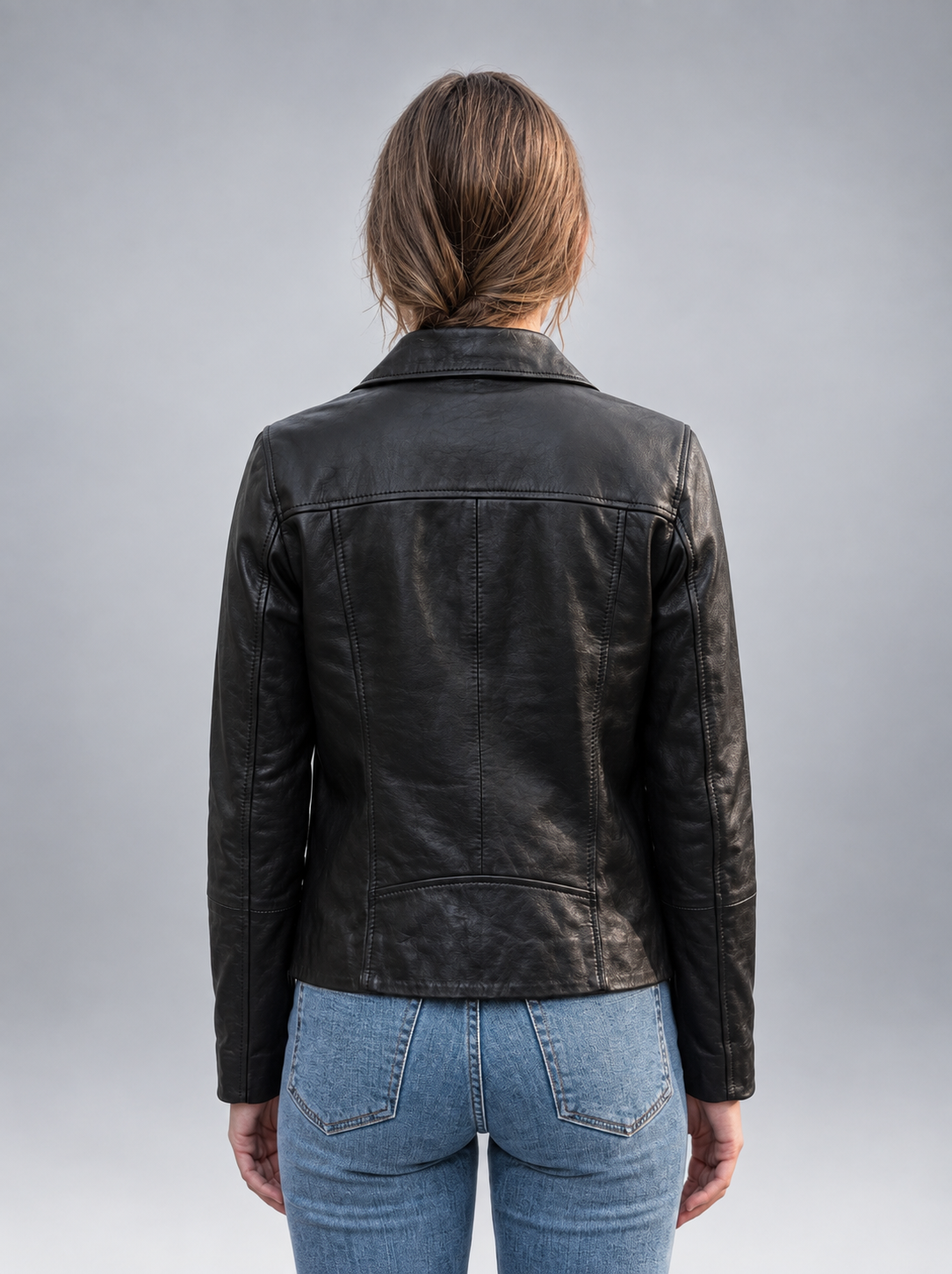 Women's Black Leather Jacket Button Closure