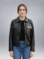 Women's Black Leather Jacket Button Closure