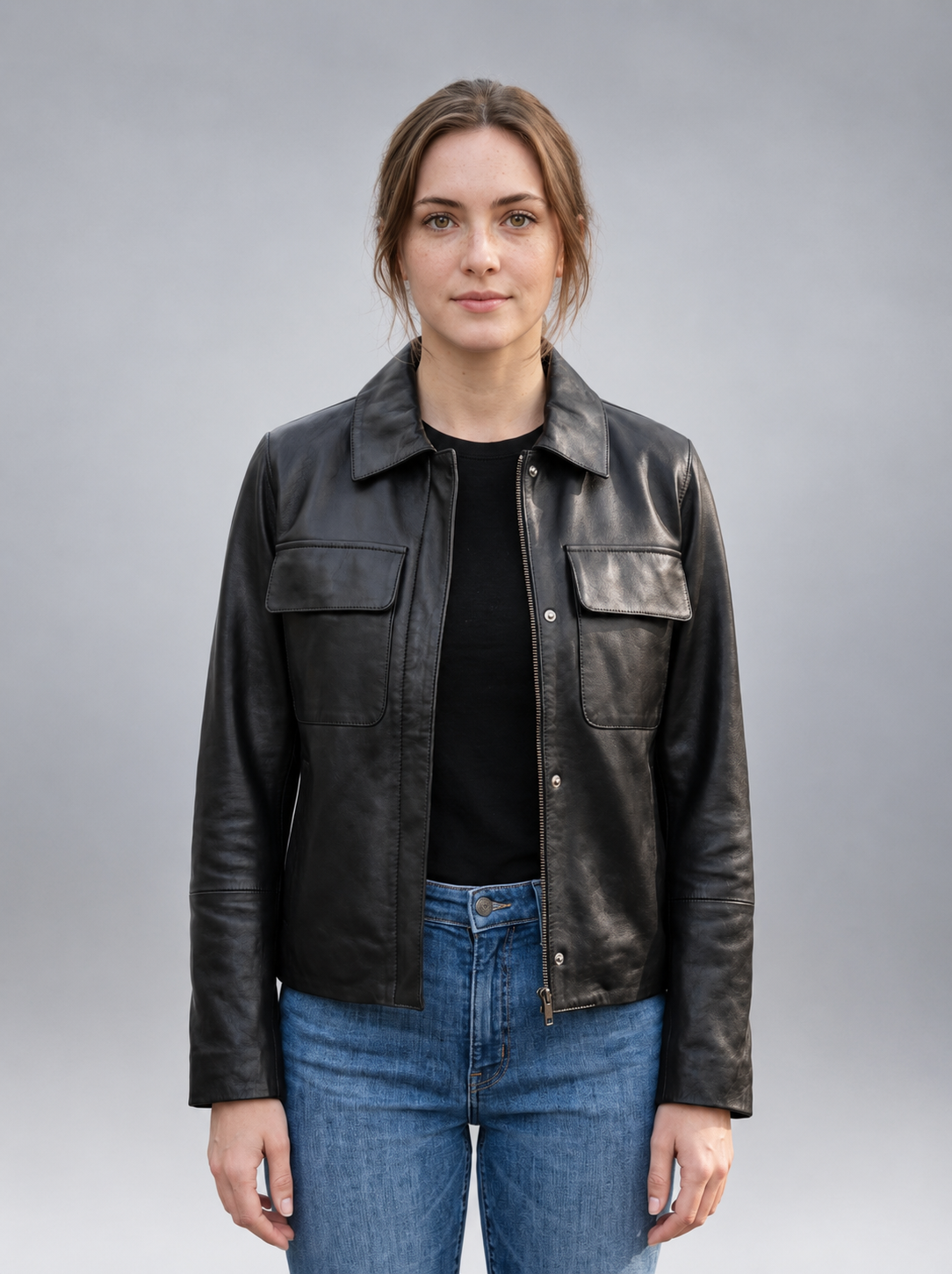 Women's Black Leather Jacket Button Closure