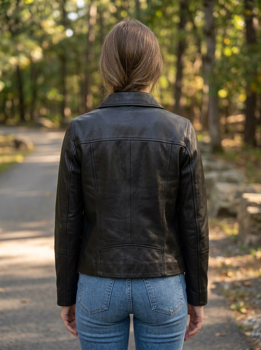 Women's Black Leather Jacket Button Closure