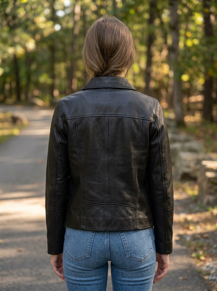Women's Black Leather Jacket Button Closure