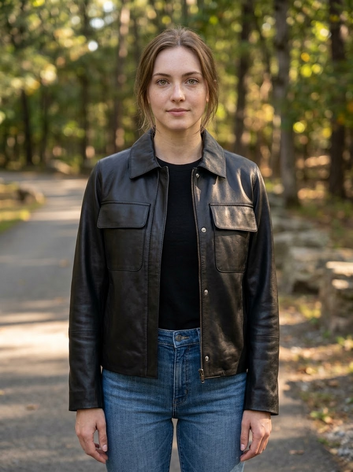 Women's Black Leather Jacket Button Closure