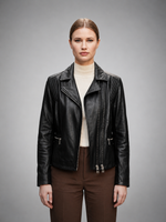 Women's Ribbed Panel Black Leather Biker Jacket