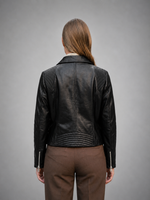 Women's Ribbed Panel Black Leather Biker Jacket
