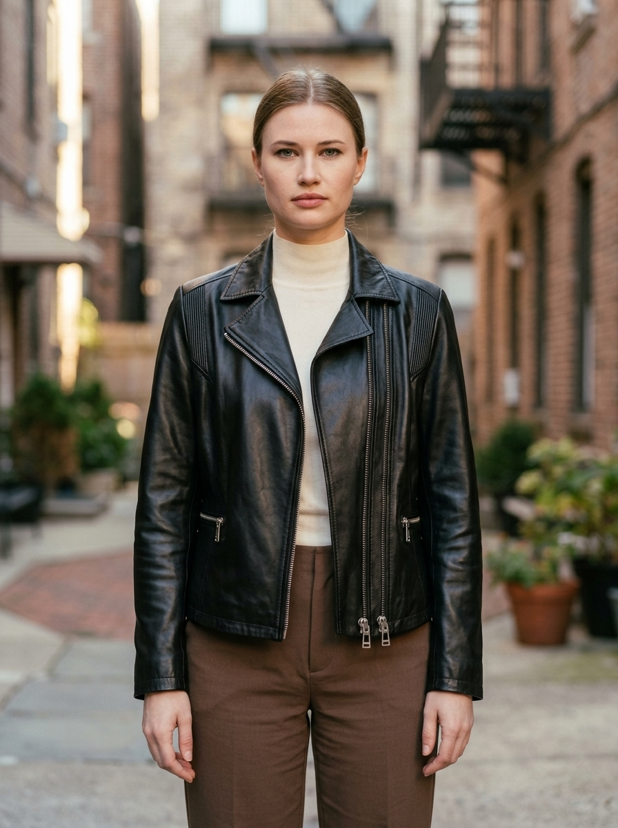 Women's Ribbed Panel Black Leather Biker Jacket