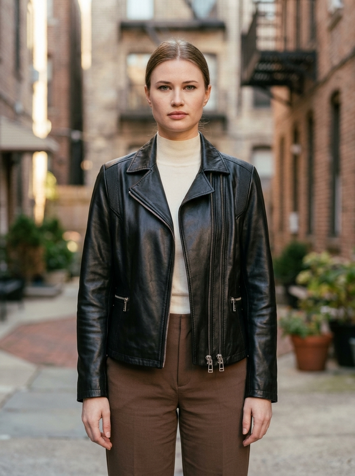 Women's Ribbed Panel Black Leather Biker Jacket