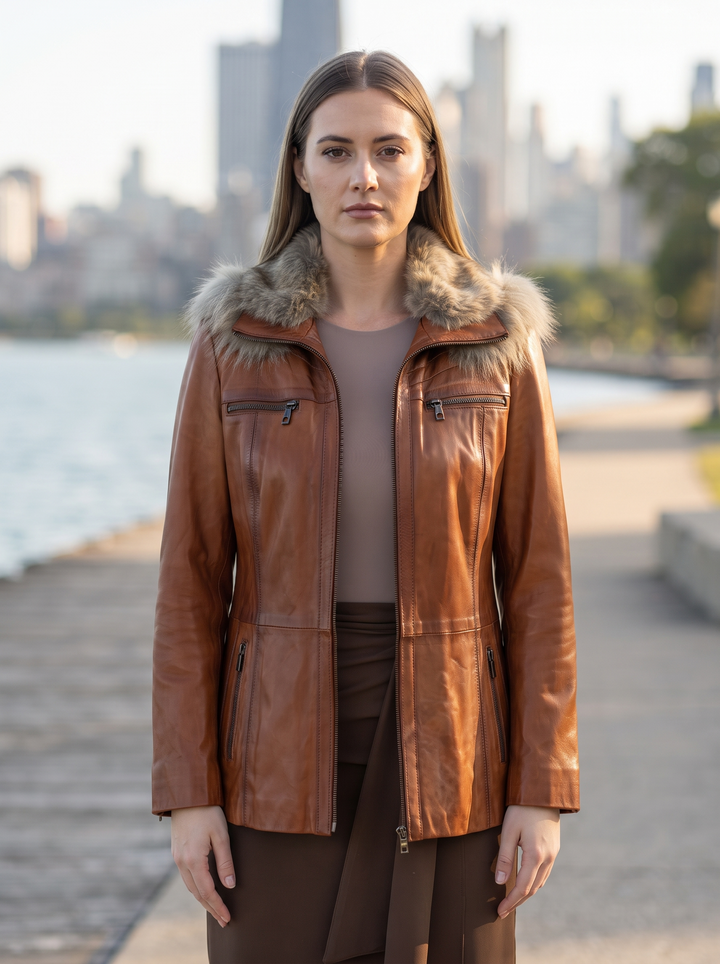 Women's Tan Brown Leather Jacket With Faux Fur Collar