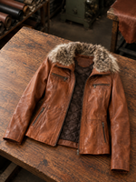 Women's Tan Brown Leather Jacket With Faux Fur Collar