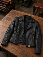 Women's Ribbed Panel Black Leather Biker Jacket