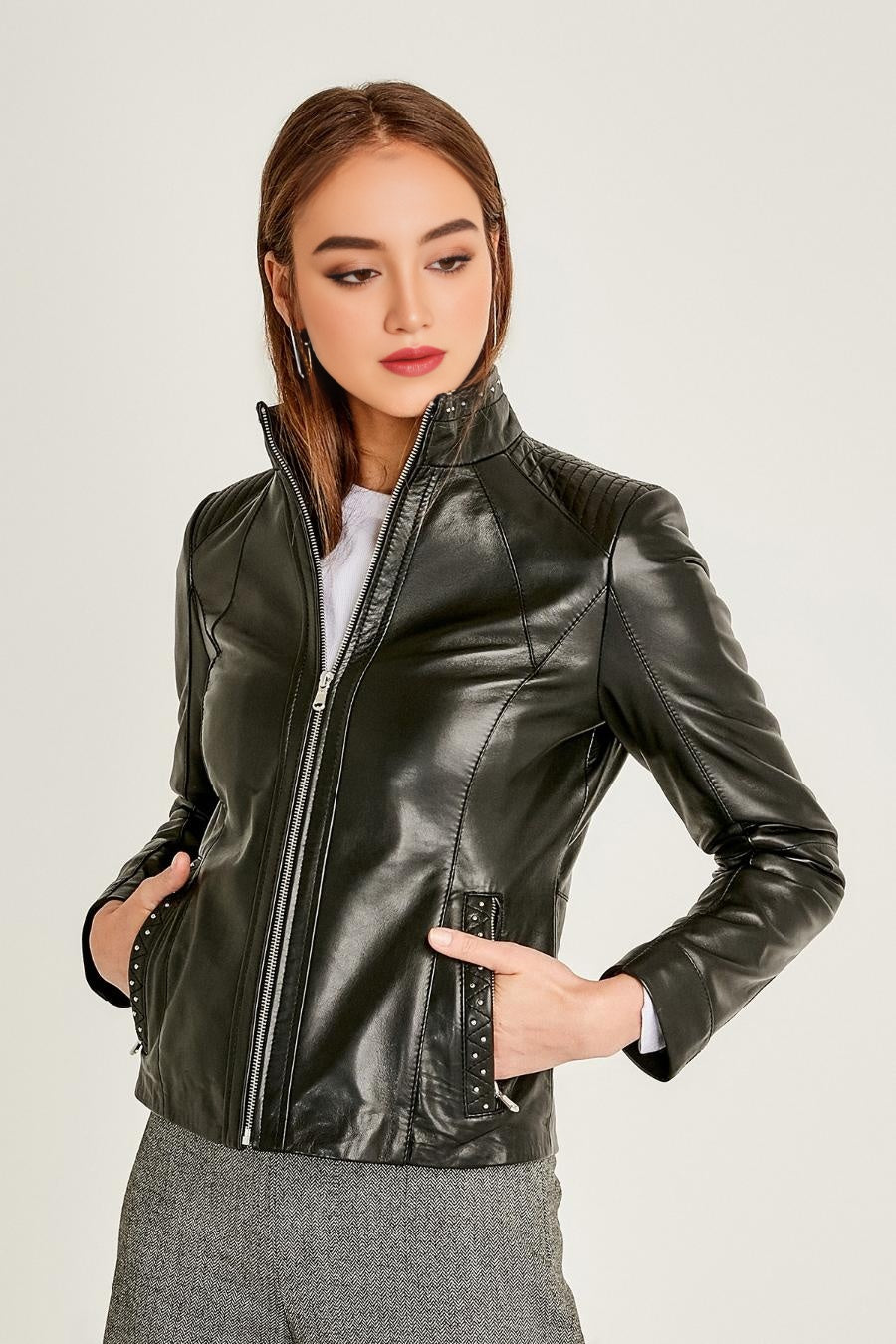 Rhinestone Motor Biker Racer Black Leather Jacket For Women