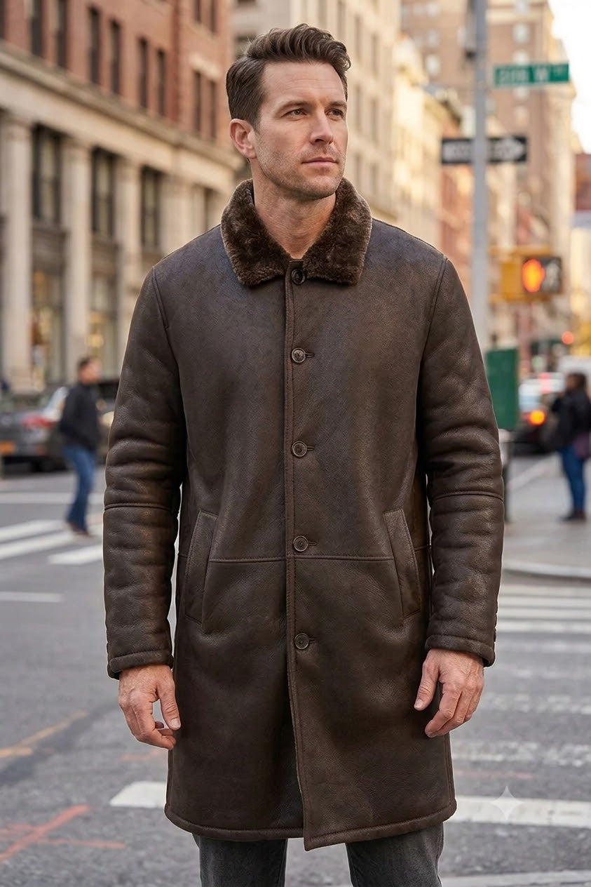 Walker Brown Long Leather Coat For Men