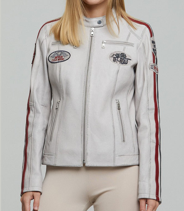 Lady White Racer Leather Jacket For Women