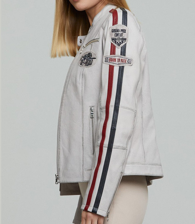 Lady White Racer Leather Jacket For Women
